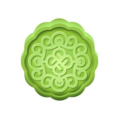 Round green pie with pattern design for Mooncake festival. Traditional delicacy on Mid Autumn holiday. Sweet gift. Chinese bakery product for decoration and celebrating festive. Vector illustration