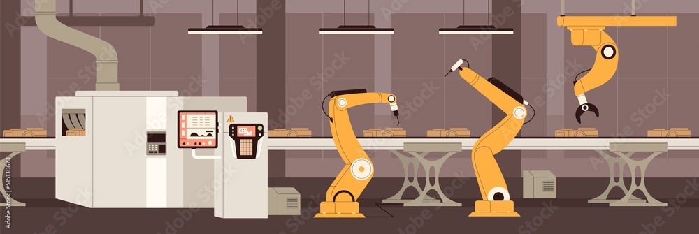 Poster smart industry with conveyor belt controlled by ai robots. machines, equipment, high technology work