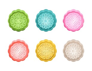 Set of mooncakes or yuebing with different color and taste. Moon cakes or pie with pattern isolated on white background. Sweet food for Mid Autumn festival in China or Vietnam. Vector illustration