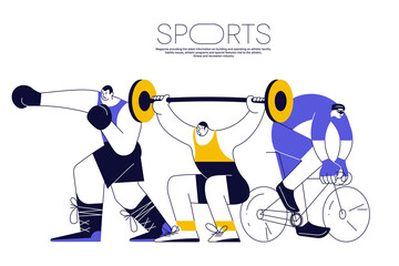 Sports banner with athletes cyclist, weightlifter and boxer on white