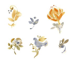 Set of decorative vintage watercolor elements for wedding invitation cards in golden gray colors