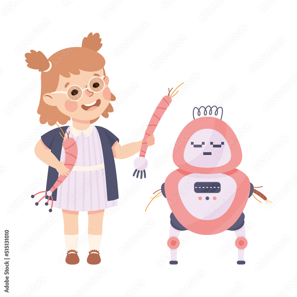 Aufkleber little girl assembling robot engineering smart technology and artificial intelligence vector illustr