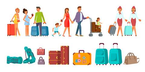 Set of various Luggage and different people with their baggage.