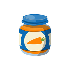 Carrot Puree in Baby Food Jar with Label and White Bowl