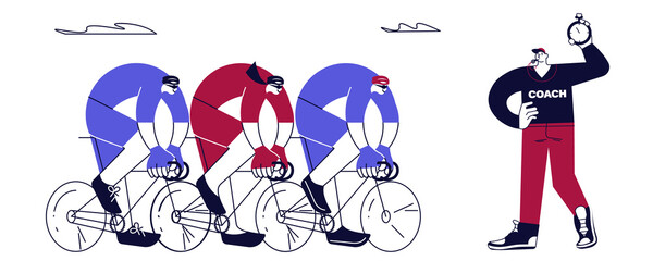 Cycle racing banner with male and female cyclists and coach