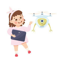 Little Girl with Tablet Programming Drone Robot Using Smart Technology and Artificial Intelligence Vector Illustration