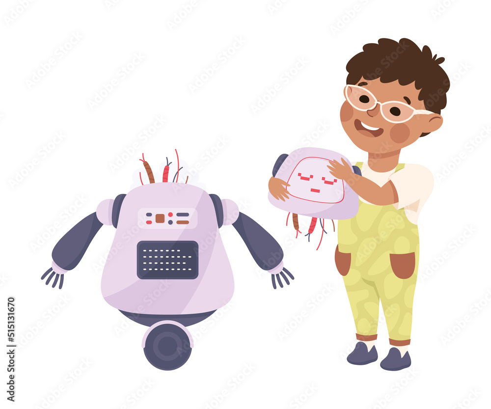 Aufkleber little boy assembling robot engineering smart technology and artificial intelligence vector illustra