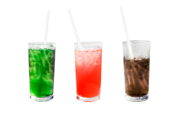 Glasses with red, green and cola water with ice isolated on white.