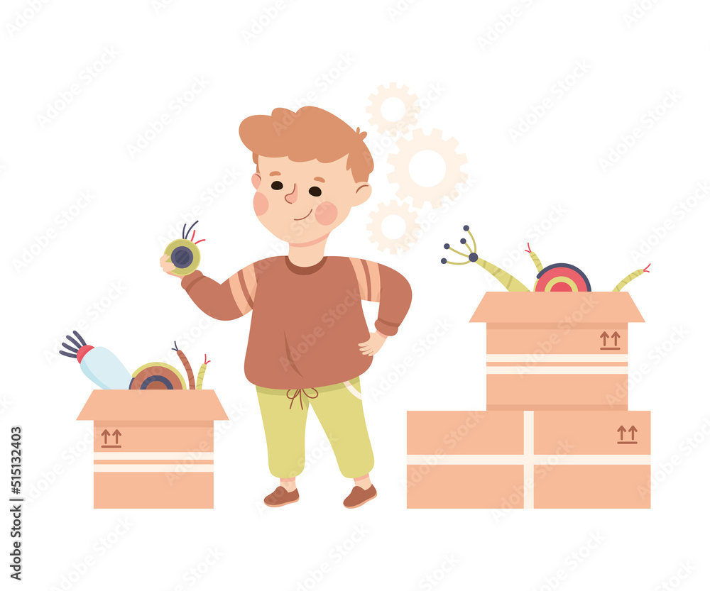 Poster little boy assembling robot engineering smart technology and artificial intelligence vector illustra