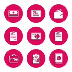 Set Board with graph chart, Clipboard, User manual, Document, Briefcase and money, resume, Wallet stacks paper cash and Stacks icon. Vector