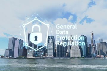 Skyline of New York City Financial Downtown Skyscrapers over East River from park, Dumbo at day time, Manhattan. GDPR hologram, concept of data protection, regulation and privacy for all individuals