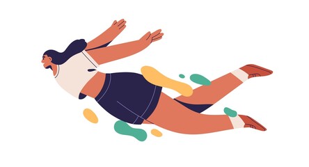 Happy woman flying, enjoying dreams, imagination, fantasy. Free young girl floating in air. Inspiration, harmony, spirituality concept. Flat graphic vector illustration isolated on white background