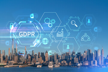 Fototapeta na wymiar New York City skyline from New Jersey over Hudson River, Midtown Manhattan skyscrapers at sunset, USA. GDPR hologram, concept of data protection, regulation and privacy for all individuals
