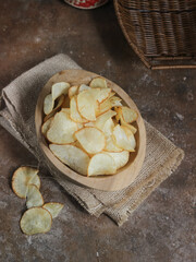 Keripik singkong. Cassava chips or tapioca chips is traditional snack from Java, made of cassava thinly sliced and fried