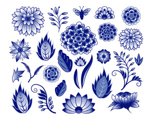 Fototapeta Set of isolated blue and  white Chinese style floral elements (various flowers, leaves, twigs, curls, butterfly). Vector clipart. obraz