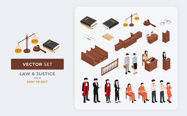Vector elements of law and justice set isometric. This design is perfect for law firm offices, and government justice elements. Fully editable full color eps 10 file format.