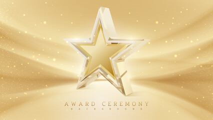 Award ceremony background with 3d gold star element and glitter light effect decoration.