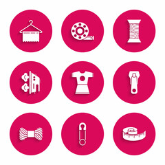 Set Woman dress, Classic closed steel safety pin, Tape measure, Zipper, Sewing thread on spool, Electric iron, and Hanger wardrobe icon. Vector
