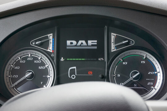 Dashboard of a DAF XF Euro 6 truck. DAF Trucks is a Dutch truck manufacturing company. Its headquarters and main plant are in Eindhoven, The Netherlands.
