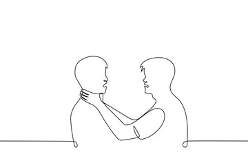 man grabbed the neck of another man he is very angry - one line drawing vector. concept of murder by strangulation, a metaphor for annoyance by a person and his behavior