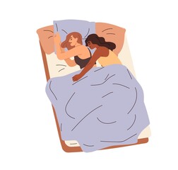 Girls love couple sleeping in bed together. Lesbian women lying, dreaming under blanket, hugging. Same sex people, girlfriends asleep. Flat graphic vector illustration isolated on white background