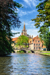 View of the Beguinage bridge in Bruges, Belgium.