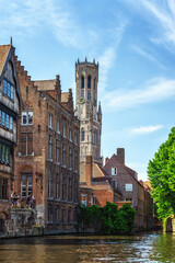Fototapeta na wymiar Scenic view of the belfry tower, known as Belfort in the historic town of Bruges in Flanders, Belgium.