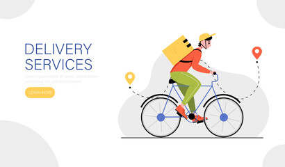 Web banner for delivery services. Fast and free delivery by bicycle courier. Vector illustration.