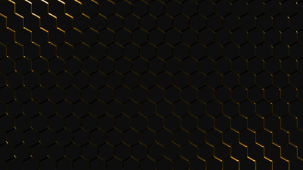 Luxury hexagonal abstract black background with golden lines. Dark 3d geometric illustration wallpaper.