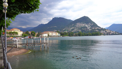 Fototapeta premium Beautiful scenic landscape with bay of Lugano Lake and ducks swimming on lake on a cloudy summer day. Photo taken July 4th, 2022, Lugano, Switzerland.