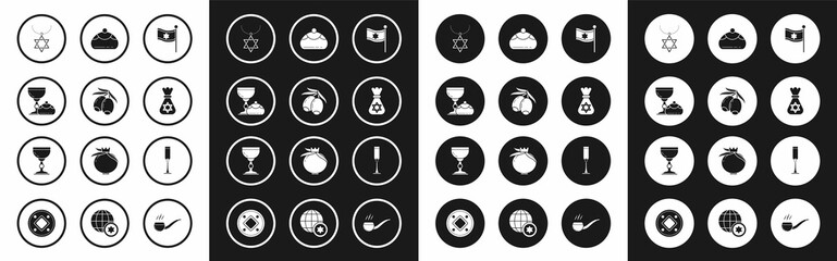 Set Flag of Israel, Olives branch, Jewish goblet and hanukkah sufganiyot, Star David necklace on chain, money bag with star david, sweet bakery, and icon. Vector