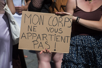 Strasbourg - France - 2 July 2022 - Women protesting for the free abortion with placard in french :...