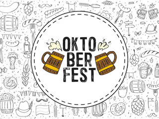 Oktoberfest 2022 - Beer Festival. Hand-drawn Doodle elements. German Traditional holiday. Round emblem with beer mugs and text with a pattern of outline elements.