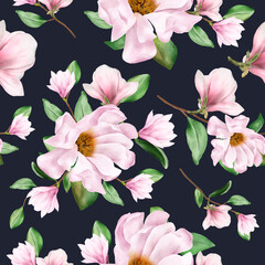 Fototapeta na wymiar Magnolia Watercolor Flower Seamless Pattern