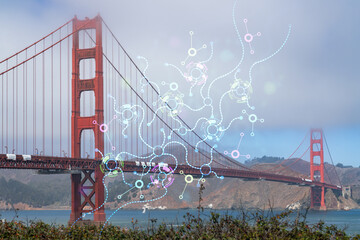 The iconic view of the Golden Gate Bridge from South side, day time, San Francisco, California, United States. Artificial Intelligence concept, hologram. AI, machine learning, neural network, robotics