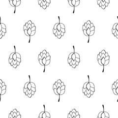 Oktoberfest 2022 - Beer Festival. Hand-drawn Doodle elements. Seamless Pattern. German Traditional holiday. Outline hops on a white background.