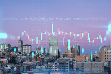 Panoramic cityscape view of San Francisco Nob hill area, sunset, midtown skyline, California, US. Forex graph, charts hologram. The concept of internet trading, brokerage and fundamental analysis
