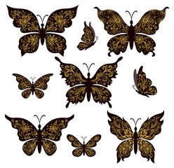 Set Symbolical Butterflies Black Silhouettes with a Golden Contour Floral Pattern, Isolated on White Background. Vector