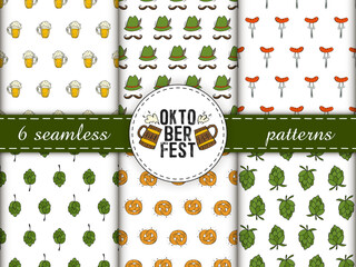 Set of seamless patterns. Oktoberfest 2022 - Beer Festival. Hand-drawn Doodle elements. German Traditional holiday. Color patterns with a round logo, beer mugs and text.