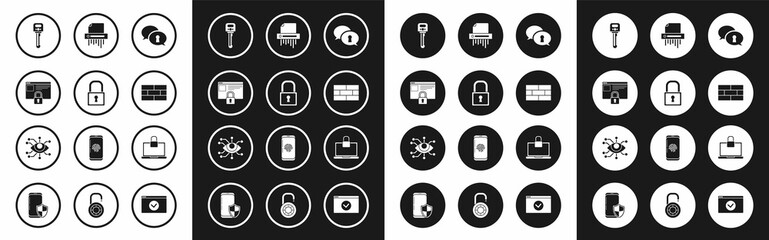 Fototapeta premium Set Protection of personal data, Lock, Secure your site with HTTPS, SSL, Key, Bricks, Paper shredder confidential, Laptop and lock and Eye scan icon. Vector