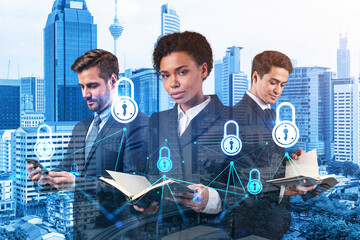 Group of business colleagues as a part of multinational corporate team working on project to protect clients information at cybersecurity compliance division. IT lock icons over Kuala Lumpur