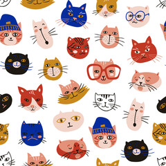 Vector hand-drawn seamless pattern design. Cute and funny cats isolated on the white background. Trendy animals in caps and glasses.