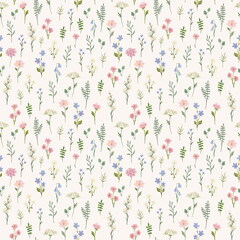 Beautiful seamless floral pattern with watercolor gentle spring flowers. Stock illustration.