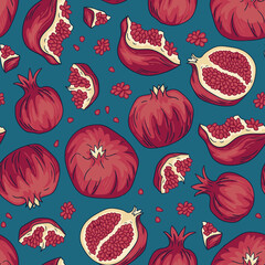 Tropical seamless pattern with pomegranate fruit while and slices with seeds on the blue background. Armenian fruit collection. Vector bright print design. 