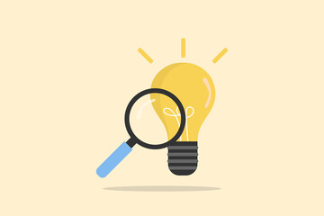 Idea and creative concept. A magnifying with light bulbs for opportunities, search for new solutions, and direction of development. A new business idea of leadership.