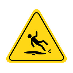 Wet floor icon. Slippery floor caution sign with fall pictogram man. Warning, danger, yellow triangle sign. Vector illustration.