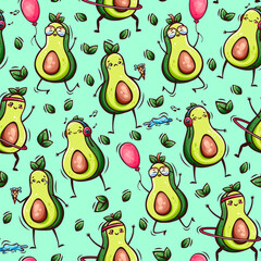 Hand drawn seamless pattern with cute kawaii avocado in doodle style. Cute kawaii seamless pattern with avocado.