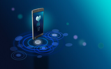 Smartphone with Heart Shape Icon Stands on Futuristic Background