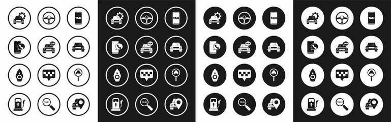 Set Taxi call telephone service, car, Car, Steering wheel, Magnifying glass and taxi and key with remote icon. Vector