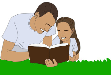 I love my big daddy. Vector illustration of daughter lying on ground learning and reading book with big daddy, family concept of happy father day. 